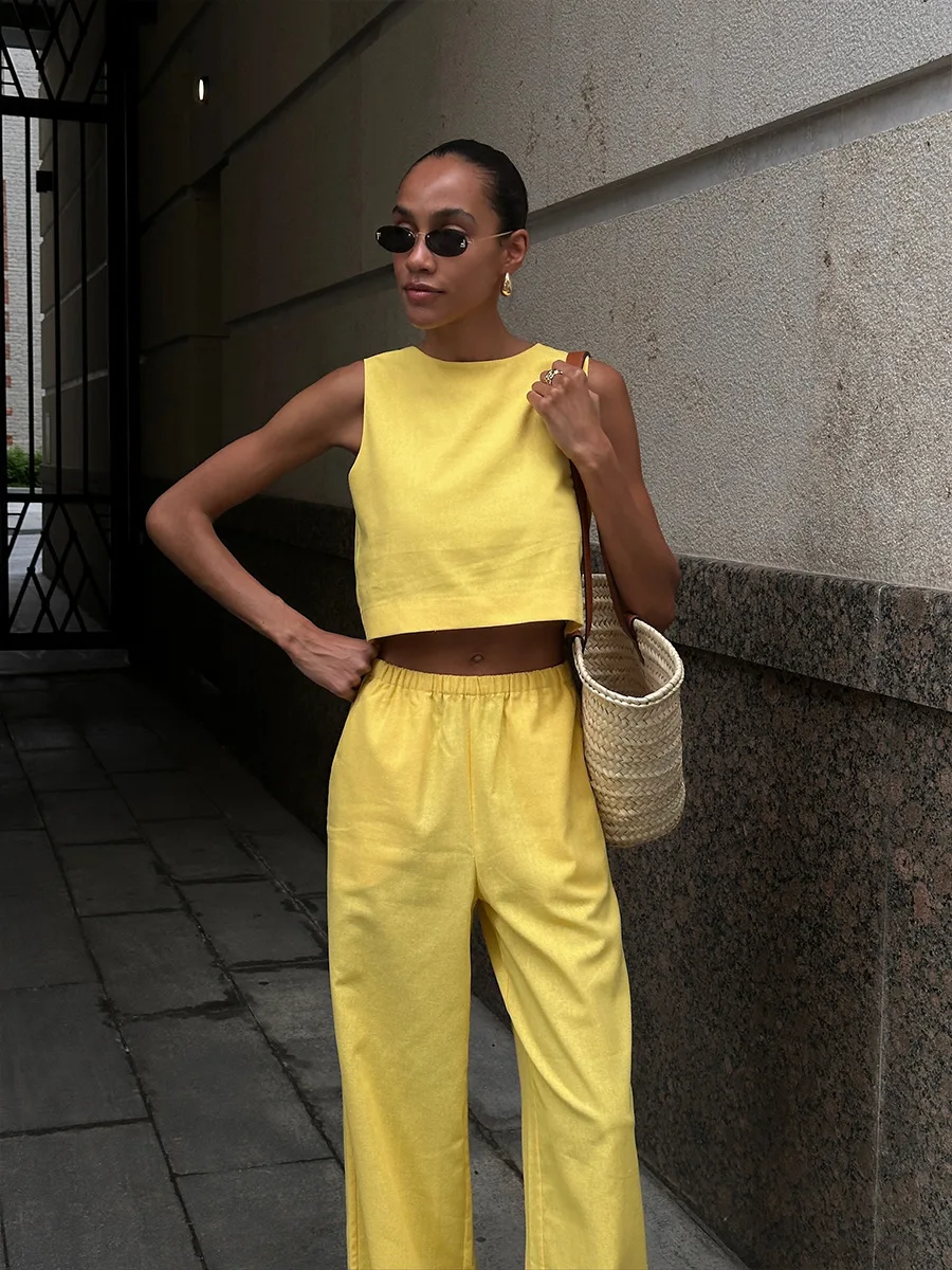 Summer Fashion 2 Piece-Set Women's Pants Sleeveless Cropped Vest Top And Wide Leg Trousers Sets Female Outfits Trousers
