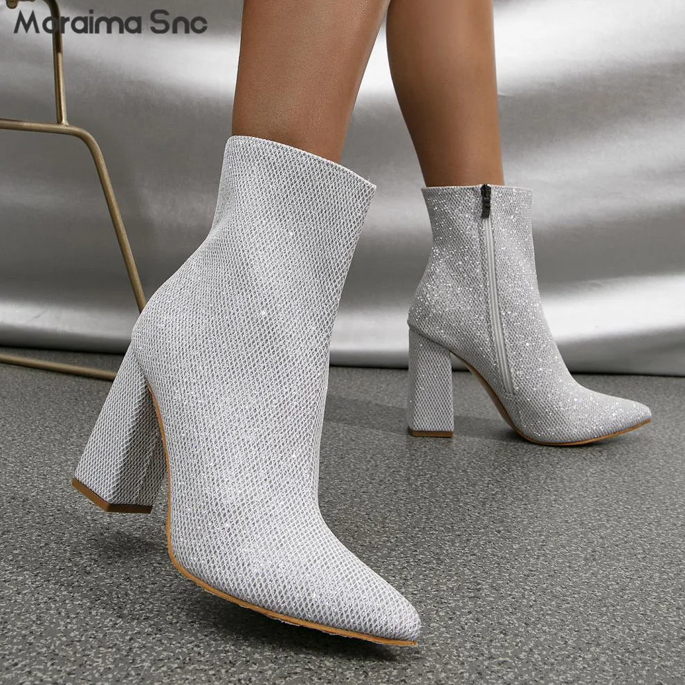 Silver Pointed Toe High Heel Ankle Boots Fashion Chunky Heel Ankle Boots Plus Size Fashion Side Zipper Rider Boots Women's Boots