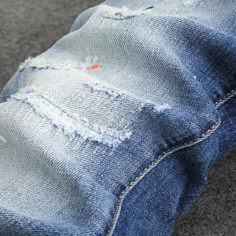 High Street Fashion Men's Elastic Tight Jeans Retro Blue Split Jeans Men's Designer Hip Hop Brand Pants