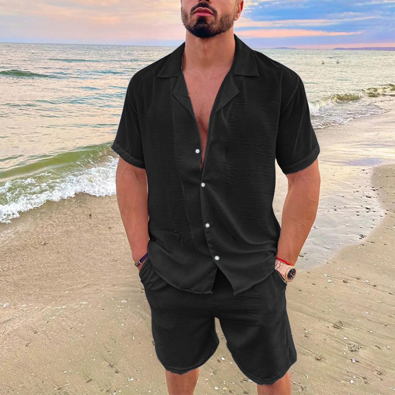 Summer Men Beach Shirt Board Shorts Set Solid White Linen Shirt Button-up  Tops Bottom Tracksuit Clothing 2022 - AliExpress