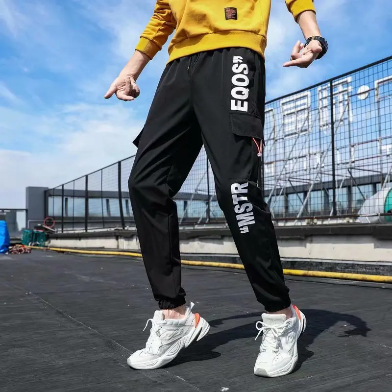 Classic Streetwear Casual Men Ribbons Harem Jogging Pants Male Slim Fit Spring Cargo Pants Multi-Pockets Women Trousers K37