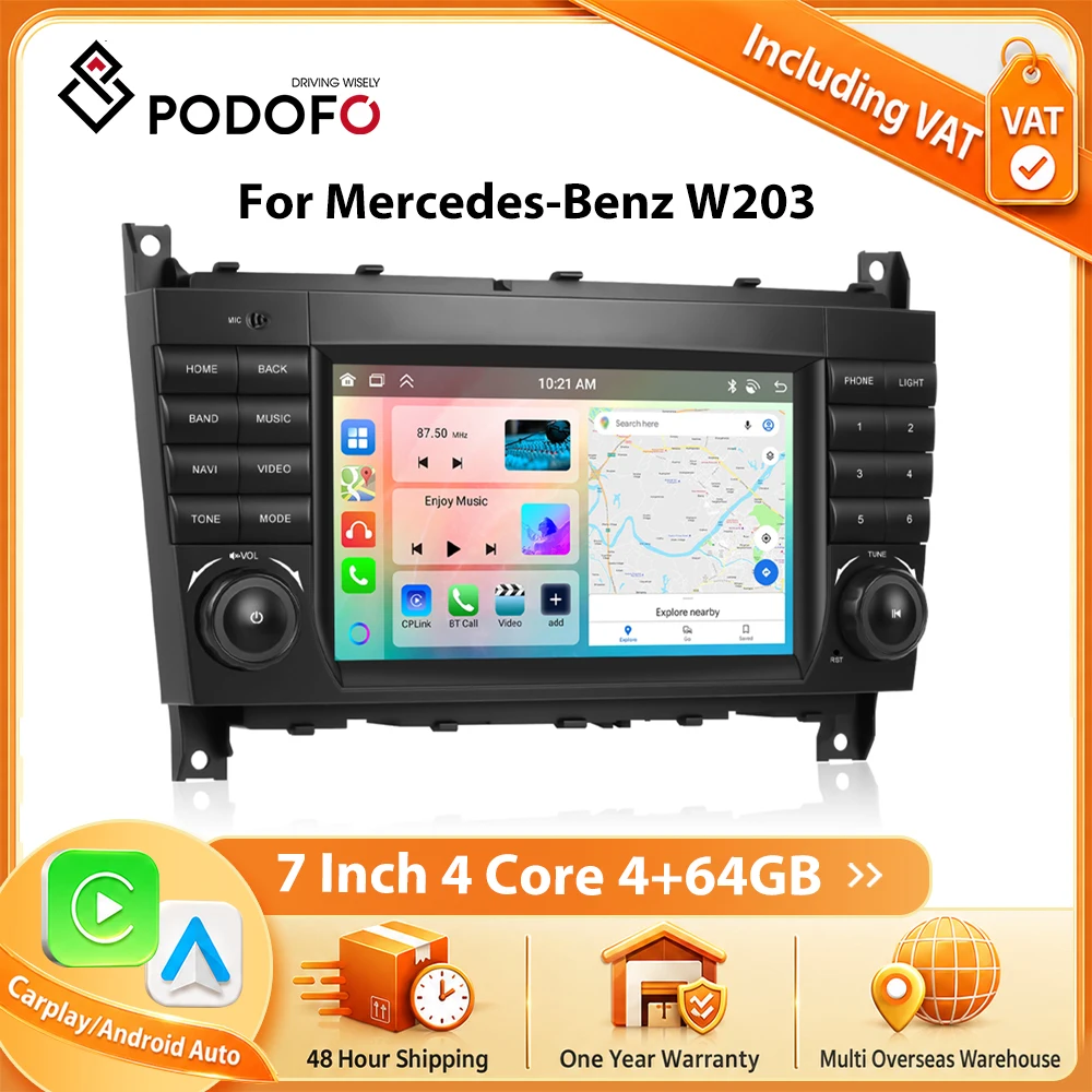 Podofo 7 ''Wireless Carplay para Mercedes Benz Clase C W203 2004-2007/Clase CLC W203 2008-2010, Radio para Auto, Reproductor Multimedia Android, Estéreo para Auto, GPS, Navegador 1