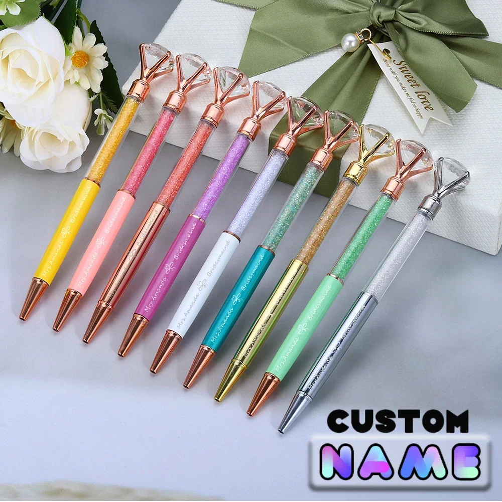 10pcs Diamond Metal Ballpoint Pen Crystal Diamond Pen Custom Logo Student Gift Creative Wedding Bridesmaid Gift Pen Lettering
