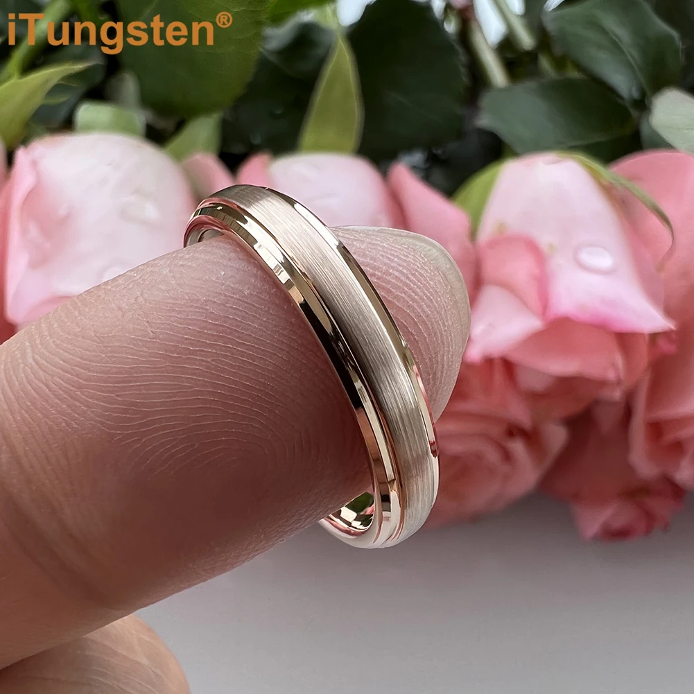 iTungsten 4mm Narrow Width Rings For Women Tungsten Engagement Wedding Band Stepped Beveled Brushed Finish Comfort Fit