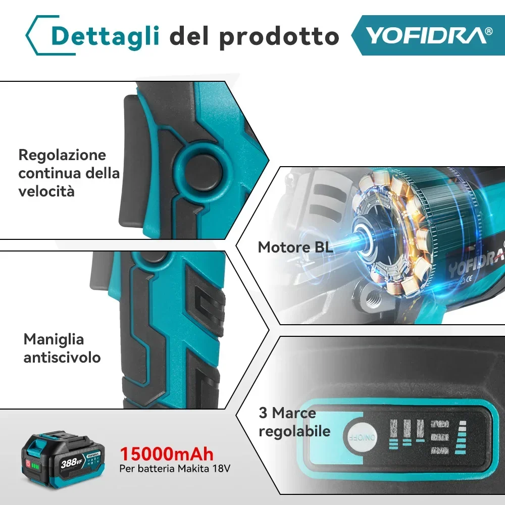 YOFIDRA 125mm 3000W Brushless Angle Grinder 3 Gears Grinding Machine Polishing Cutting Power Tool For Makita 21V Battery Pin