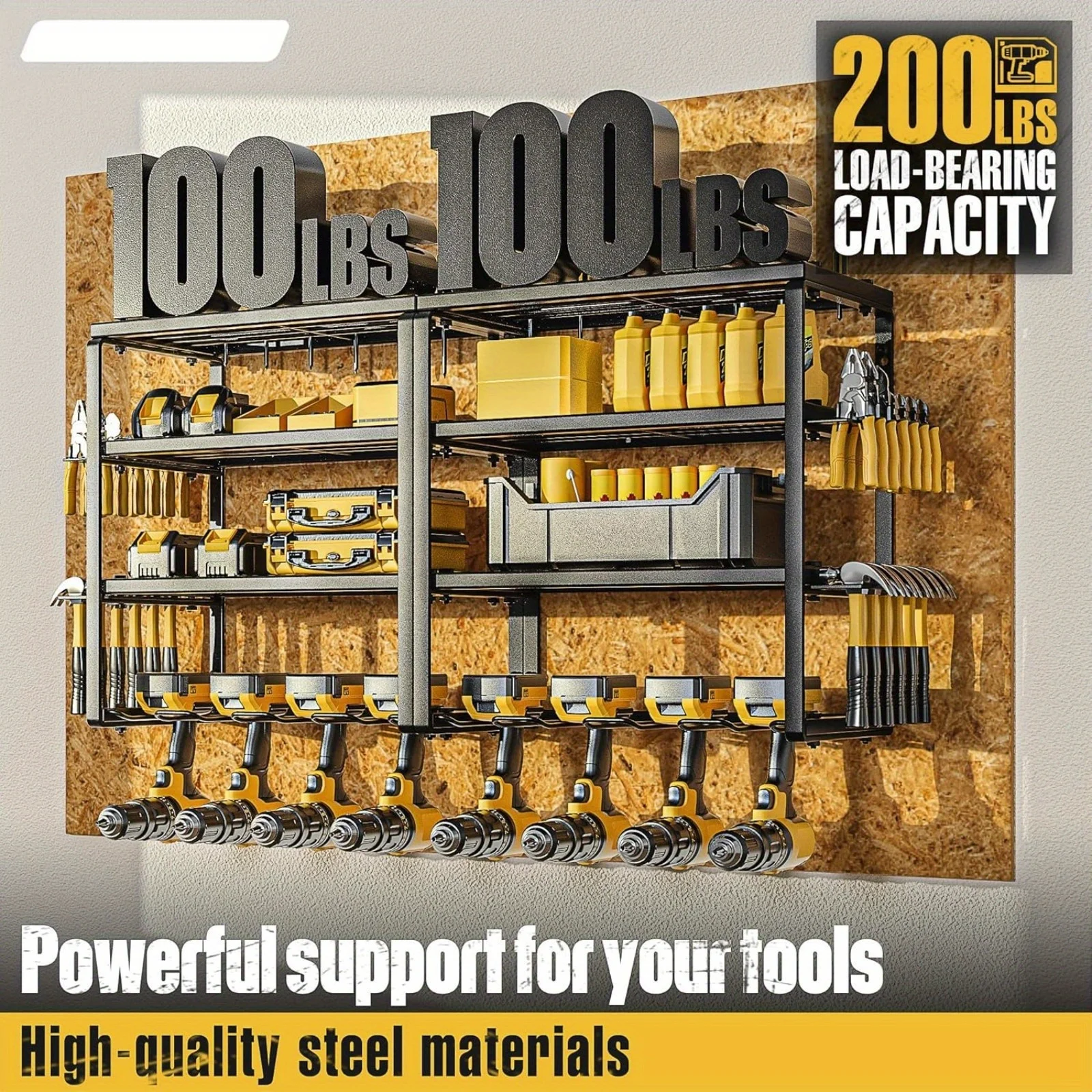 Heavy-Duty 4-Tier Wall-Mounted Tool Rack with 8 Drill Holders & Tool Slots/Hooks - Black Powder-Coated Metal Garage Workshop Storage Shelf, Space-Saving Slim Design, Easy Install (Hardware Included), for Workshop, Shed, or, Storage Racks