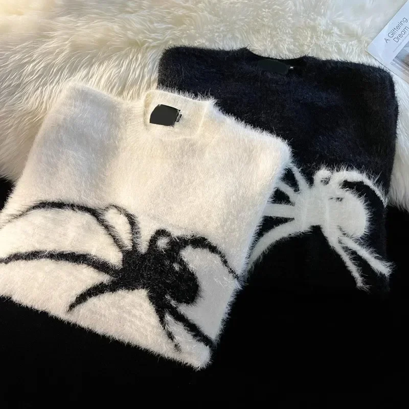 American Spider Jacquard Sweater Couple Autumn and Winter Loose Retro Soft Waxy Lazy Style Mink Velvet Knitted Sweater
