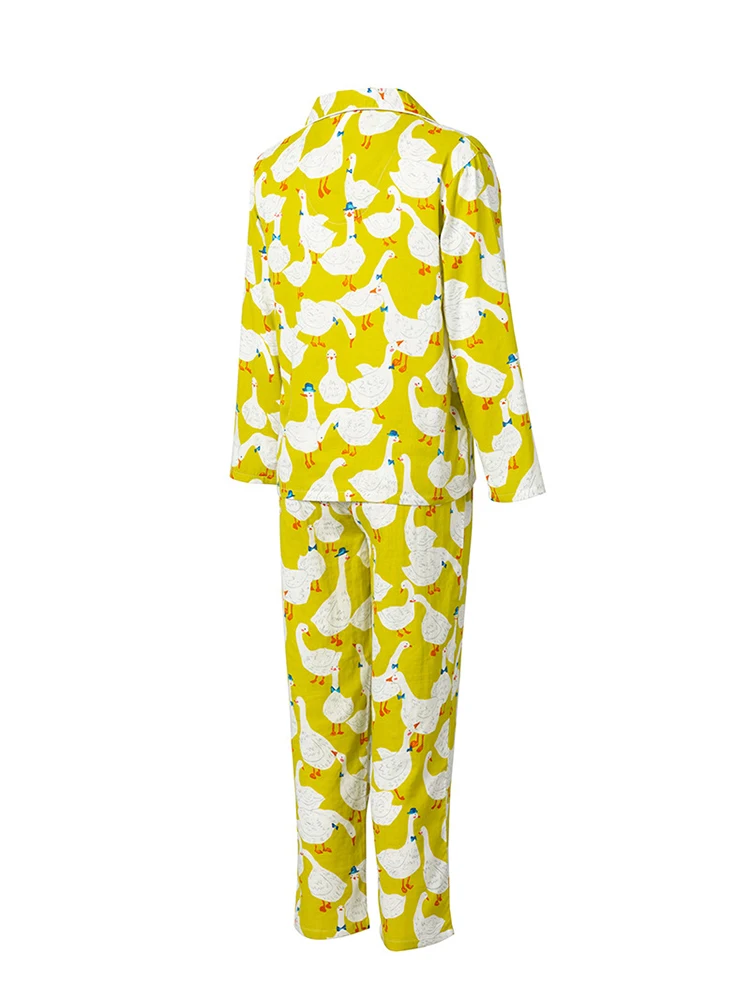 Spring Cotton Women's Pajama Set Cartoon Goose Print Two Piece Long Sleeve Tops Elastic Waist Pants Loose Lounge 1906