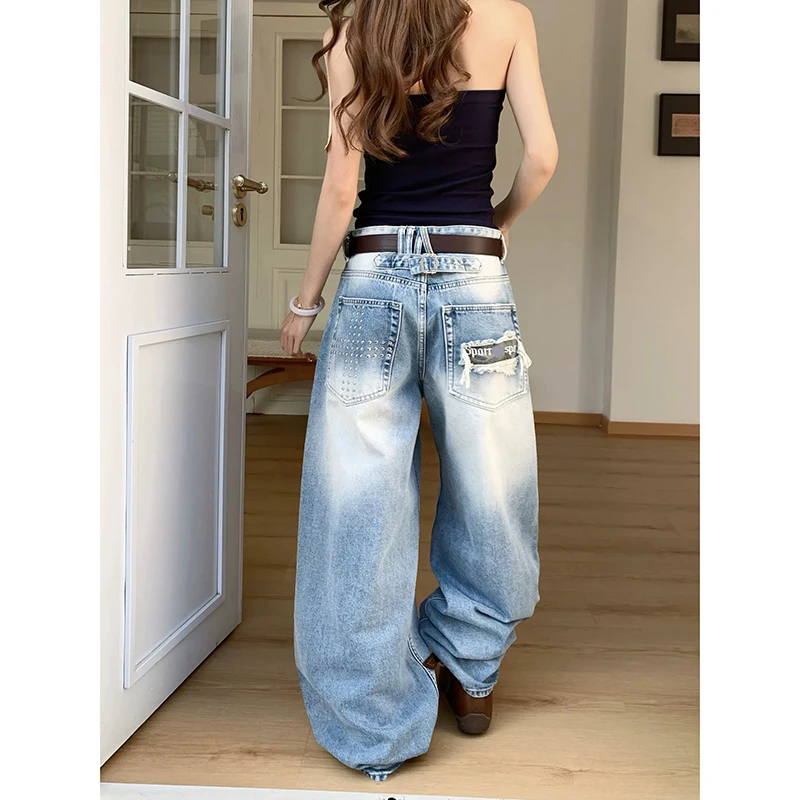 YIBASHU Women Blue Gothic Y2k Jeans Vintage 2000s Harajuku Jean Pants American Style Baggy Denim Trousers Alternative Clothes 1