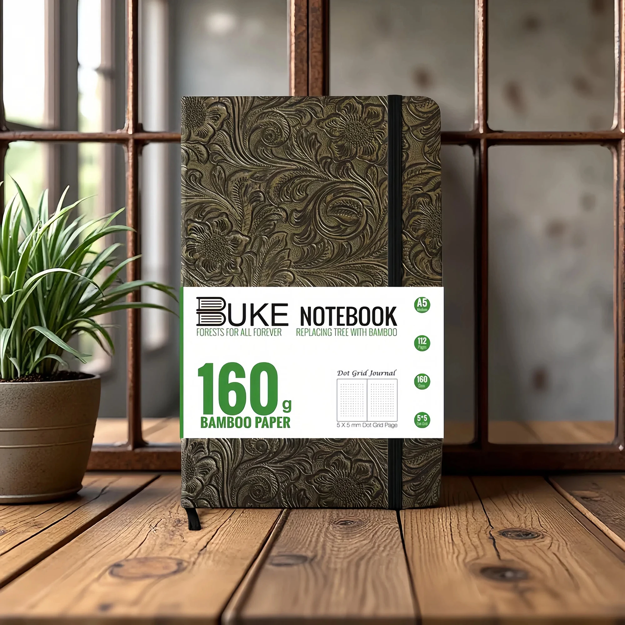 BUKE Retro Floral Pocket Dotted Journal, 3D Embossed Faux PU Leather A5 Hardcover 160gsm Thick Paper, 5x5mm Dot Grid Notebook