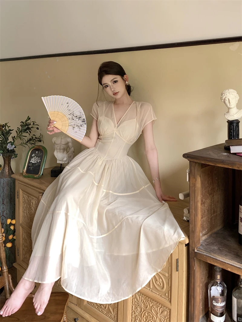 Elegant Long Dresses for Women V-neck A-line Birthday Party Dress French Casual High Waist Summer New Prom Retro Vestidos Mujer