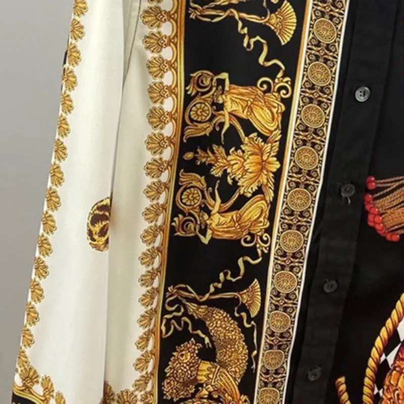 Triangle Print Shirt Dress Men Plaid Shirt Luxury Black Gold Full Gold Flower Men Casual Slim Camisa Masculina