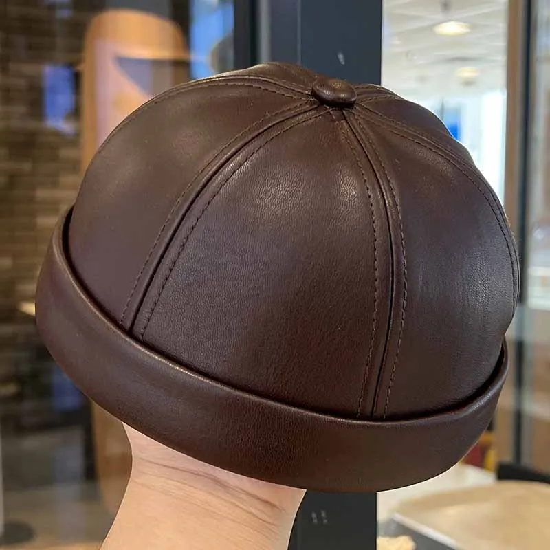 Frühlings- und Sommer-Vintage-Leder-Mütze mit verstellbarem Hip-Hop und randlosem Melonenfell-Mütze, geeignet für Männer und Frauen – Detail 6
