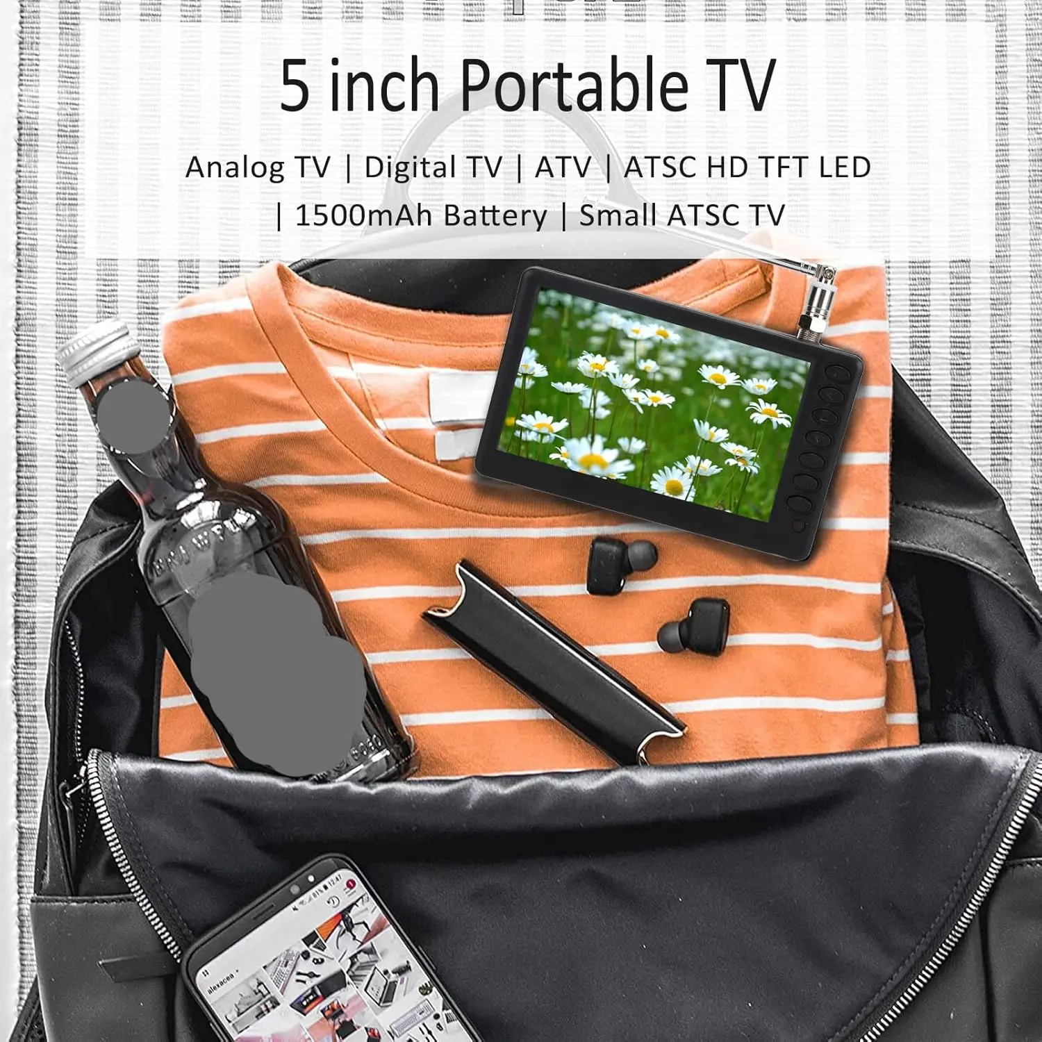 Portable ATSC HD TFT LED Digital TV-5' Mini TV with Remote Control, 1080P, Rechargeable Battery, USB & TF Card Support