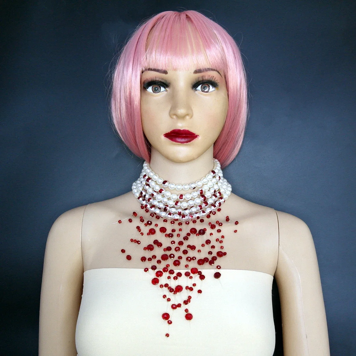 Halloween Blood Pattern Pearl Necklace Women Fashion Multi-layer Imitation Pearl Tassel Short Necklace Gothic Party Jewelry Gift