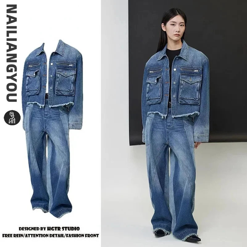 

Джинсовый комплект в американском стиле для мужчин и женщин, винтажный ковбойский пиджак с мешковатыми широкими штанинами, модный костюм из двух предметов в стиле хип-хоп, на осень