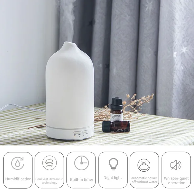 Ceramic Essential Oil Aromatherapy Diffuser Ultrasonic Air Humidifier with Timer Night Light Waterless Auto Off Cool Mist Maker 2
