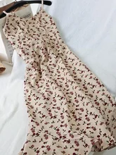 

QWEEK Vintage Floral Corduroy Slip Dress Women 2022 Summer Casual Flower Print Spaghetti Strap Midi Dresses Sleeveless Korean