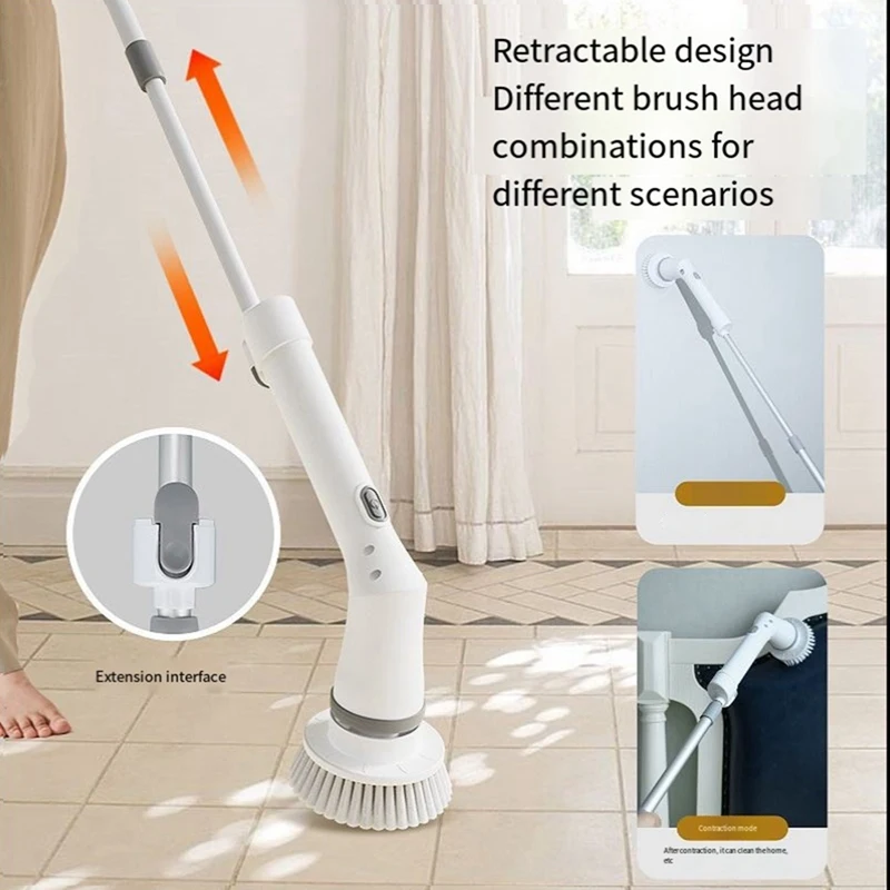 

1Set Cordless Long Handle Housekeeping Cleaning Brush Automatic Retractable Bathtub Tile Floor Dishwashing Brush White