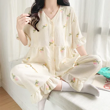 Summer Thin Maternity Nursing Sleepwear Set Loose Breastfeeding Tops Belly Pants Pajamas Pregnancy Short Sleeve Home Lounge Wear