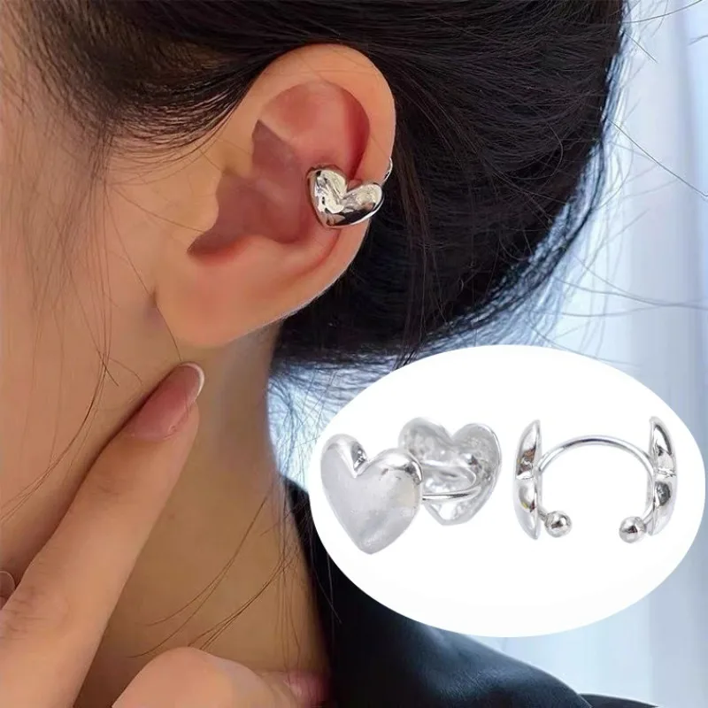 Ins Trendy Love Heart Earrings for Women Simple Silver Color Ear Cuff Clips Fake Piercing Earrings Korean Fashion Jewelry Gifts