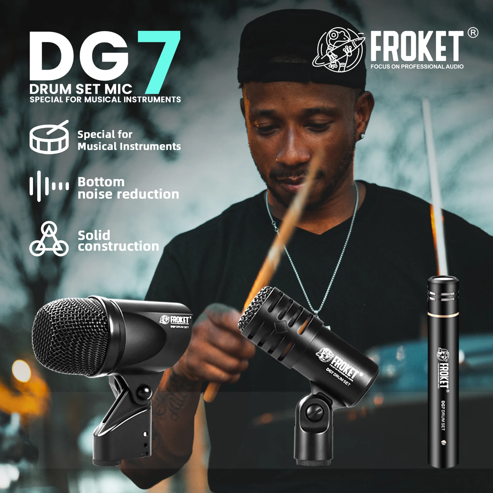 

FROKET DG7 Drum Microphones kit Professional Wired Cardioid Tom Snare Evolution Series With Clip Arm Mount High quality