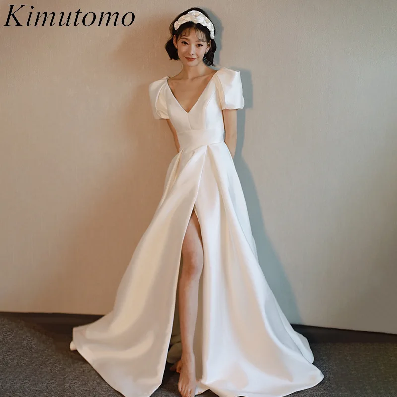 

Kimutomo Hepburn Wind Satin Dress Low V Neck Puff Short Sleeves Vintage Split Sexy Dresses French Fairy Wind Evening Gowns