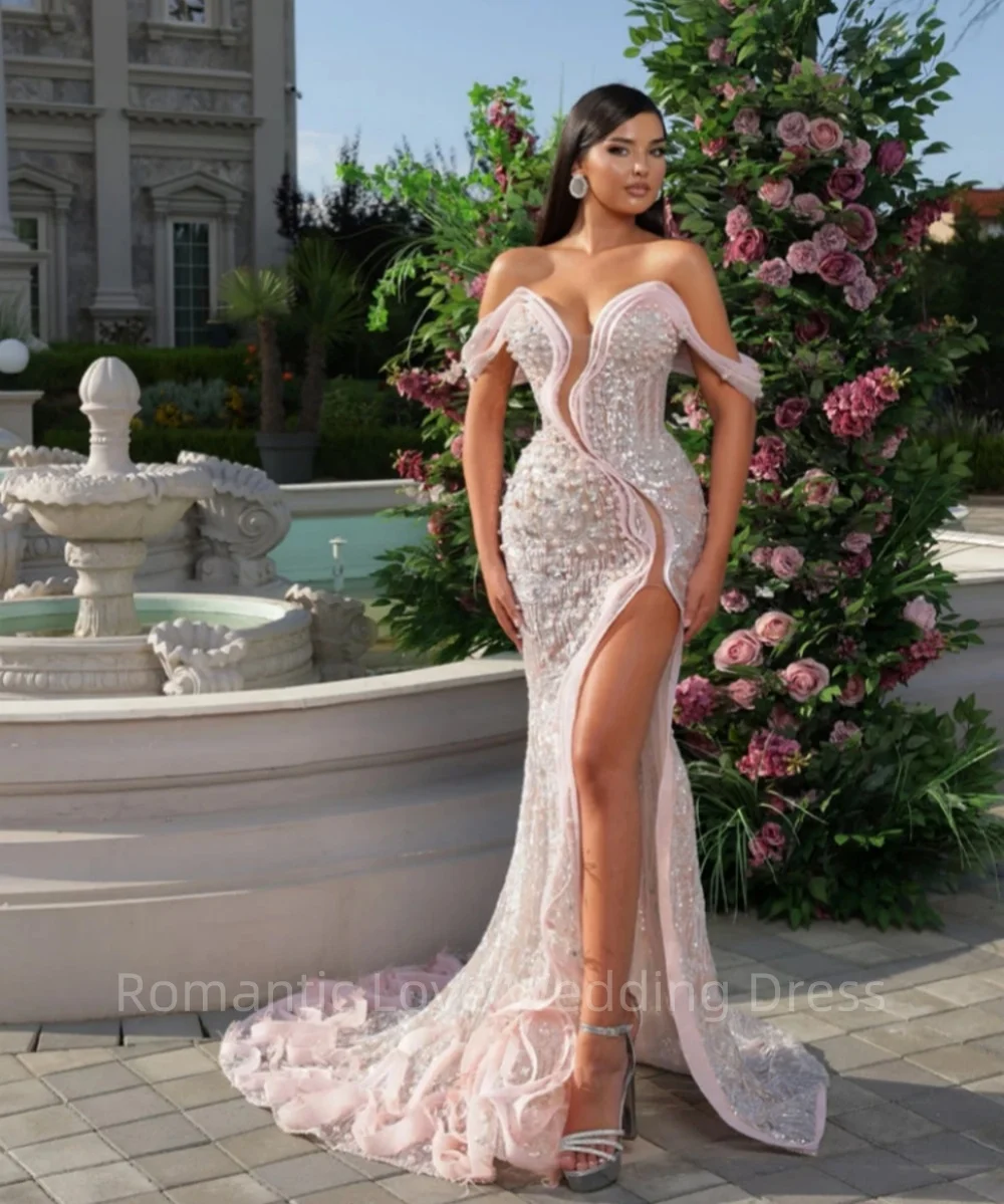 

Graceful Off The Shoulder Bride Robe Sparkly Sequins Pearls Wedding Dress Luxury Mermaid Long Bridal Gown Robe De Mariée 2024