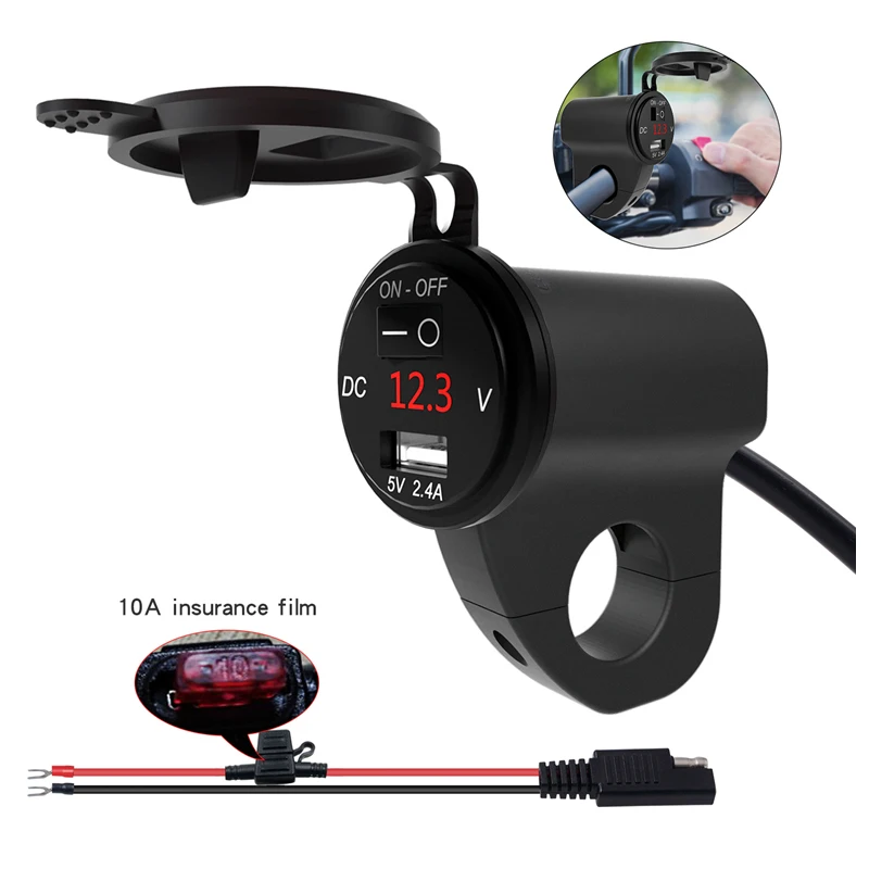 Aluminum Alloy Waterproof USB Motorcycle Charger with Digital Voltmeter and Power Switch