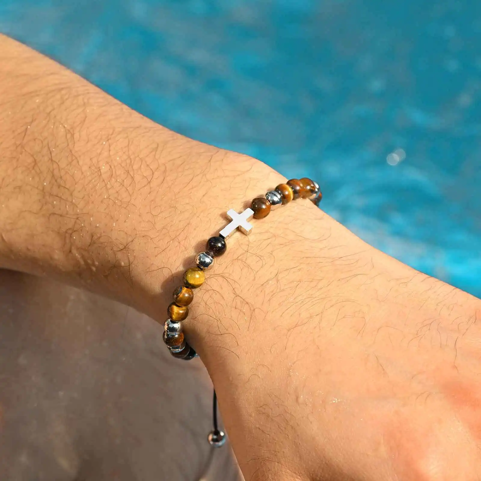 Trendy Kreuz Männer Armbänder, 6mm Naturstein Schwarz Lava Onyx Perlen Armbänder, Yoga Heilung Balance Schmuck Geschenk – Detail 5