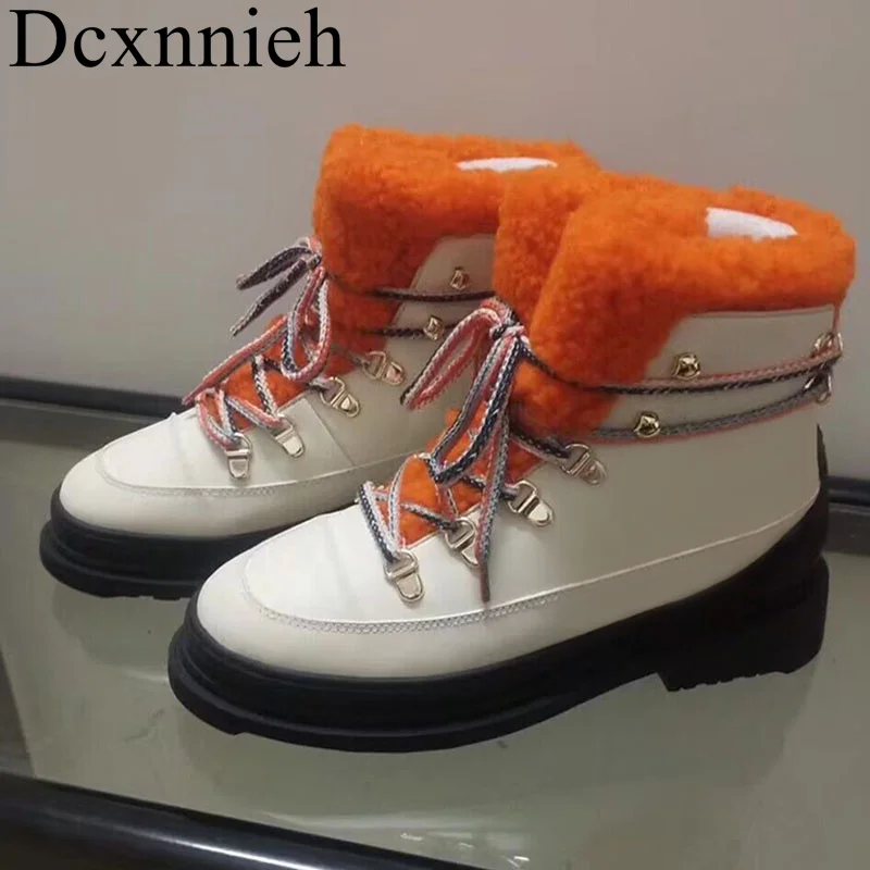 

New Genuine Leather Square Heel Short Boots Women Round Head Lace up Ankle Boots Autumn Winter Chelsea Boots Fashion Casual Boot