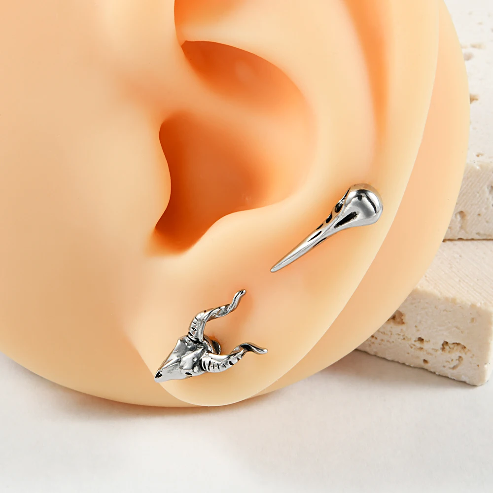 1PC Gothic Surgical Steel Bird Skull Snake Bull Stud Earrings For