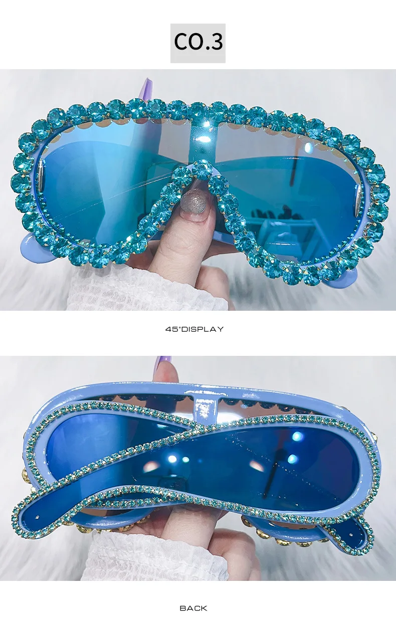 SHAUNA Crystal Oversized Mirror Coating Women Goggle Sunglasses UV400_voghion.com