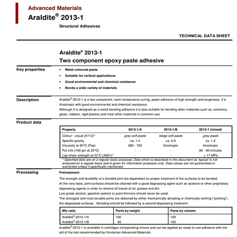 Description Picture 4 of itemAraldite 2013 Metal coloured 2 component epoxy paste adhesive Low shrinkage Good environmental and chemical resistance AB glue