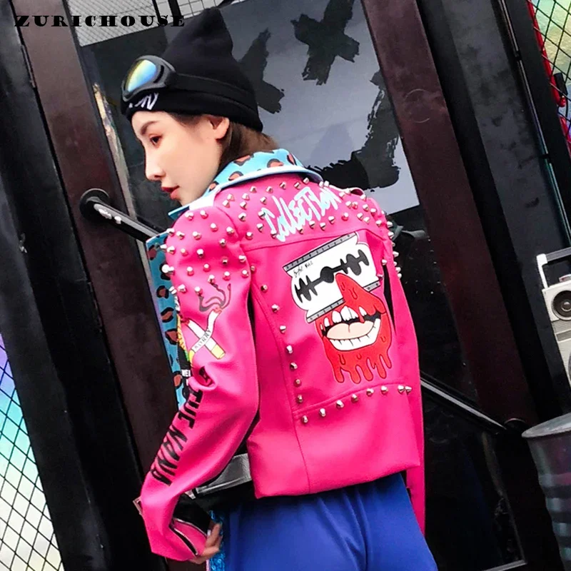 

Contrast Spliced Graffiti Print Faux Leather Jacket Women 2024 New Streetwear Slim-fit Zipper Short Motorcycle Racing Jacket