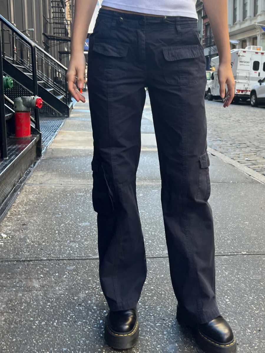 여성용 드로스트링 포켓 네이비 카고 팬츠, 사계절 단색 탄성 하이 웨이스트 스트레이트 팬츠, 레트로 스트리트웨어 Y2k 바지