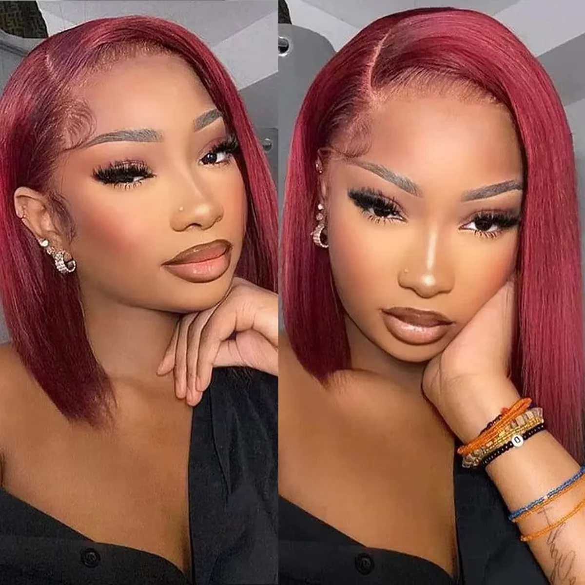 99J Burgundy Human Hair Wig Bob13x4 Straight Lace Frontal 220% Density Human Hair Brazilian Short Bob Wigs For Women Lace Front