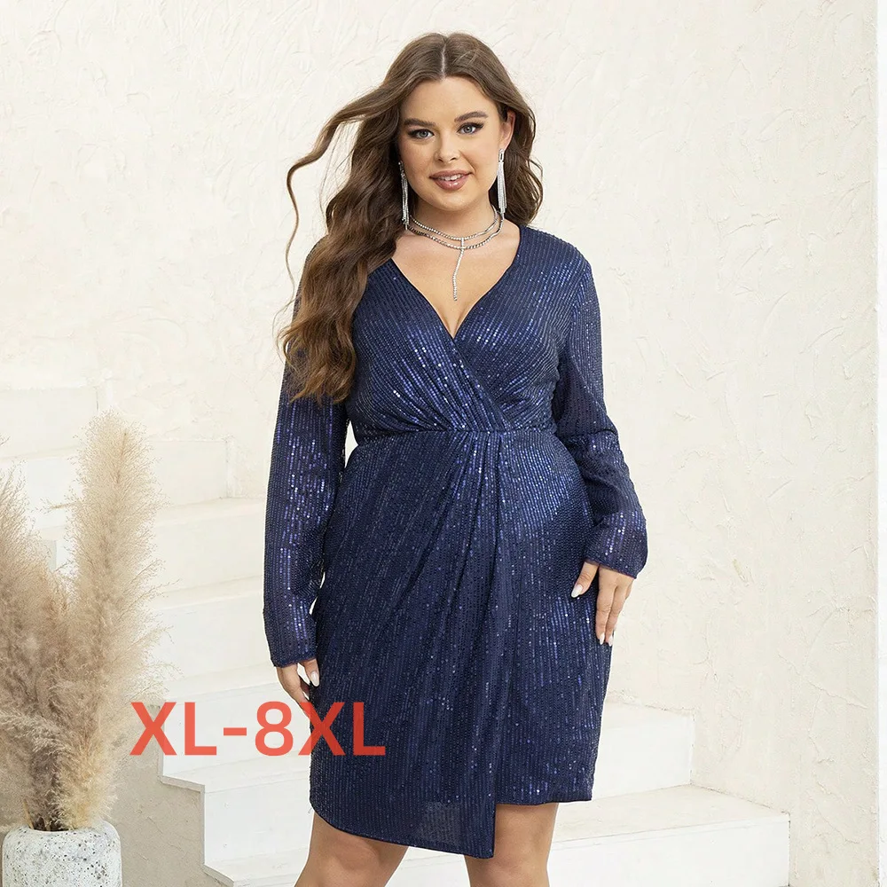 

Plus Size 4xl 5xl 6xl 7xl 8xl Autumn New Temperament Fashion Large Women's Dress Long Sleeve V-neck Sequin Dress
