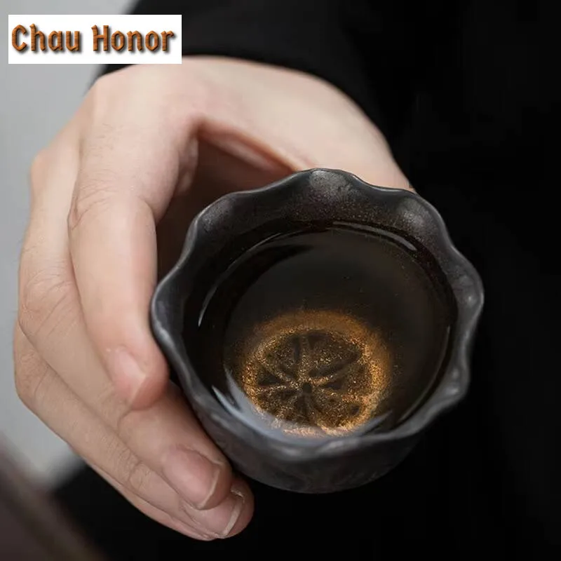 2pcs /Set Japanese Style Gilded Rust Glaze Ceramic Tea Cup Creative Lotus Small Tea Cup Master Cup Kung Fu Teaset Small Tea Bowl