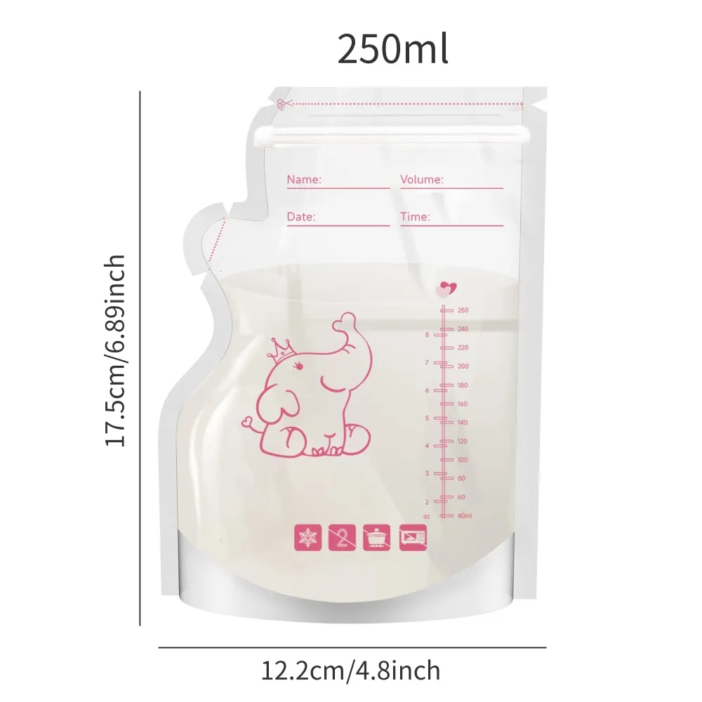 250ml 50pcs breastmilk storage bag elephant printing self standing no leak milk freezer bags BPA free
