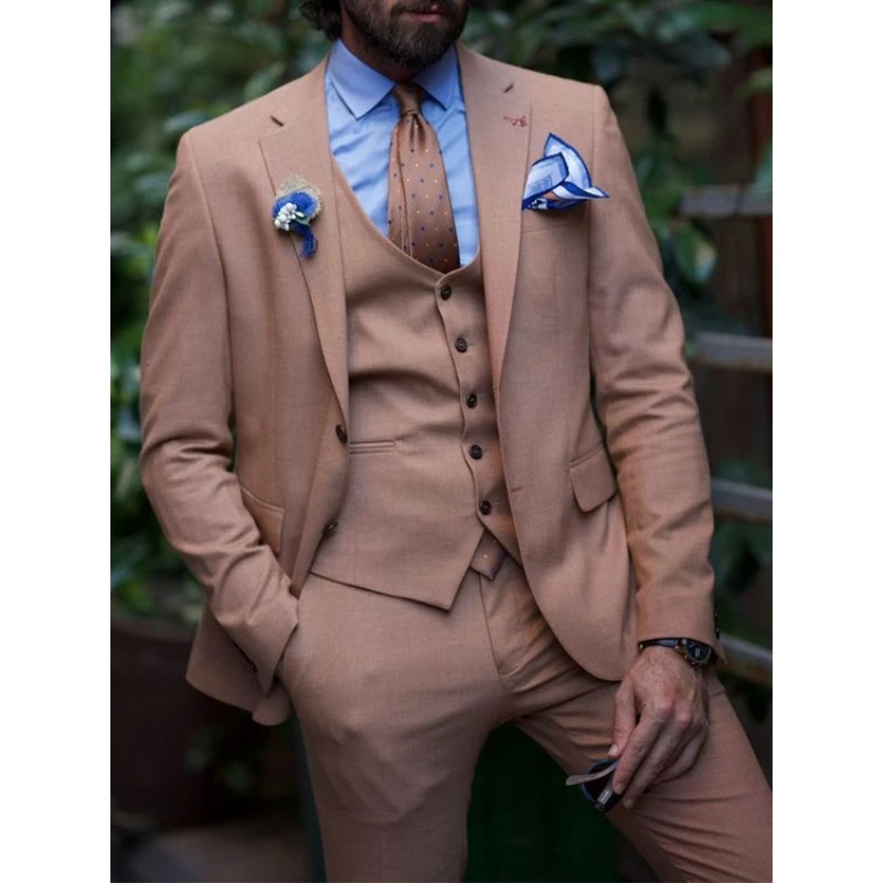 

New Light Brown Costume Men Suits Slim Fit Business Suits Groom Tuxedos for Formal Wedding Suits Jacket Pant Vest 3 Pieces