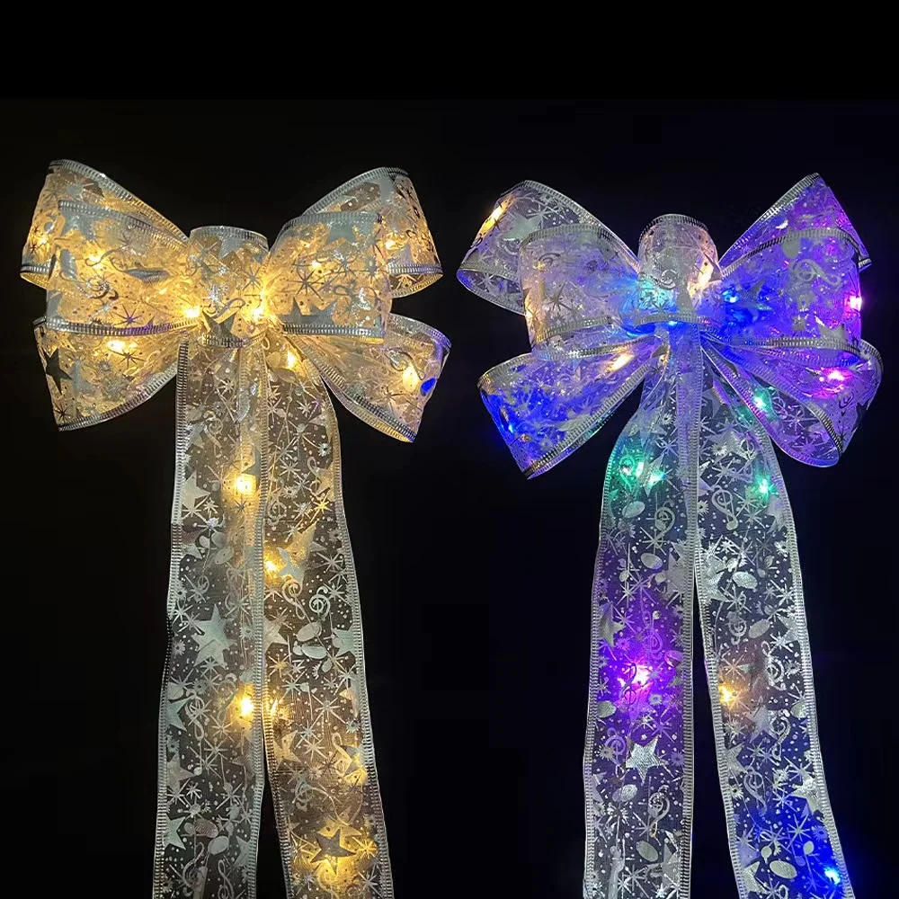 White Christmas Tree Topper, 40x13 Inches Toppers Bow with Glitter Satin  Mesh Streamer and Patterned Ribbon, Christmas Tree Topper Bow for Christmas