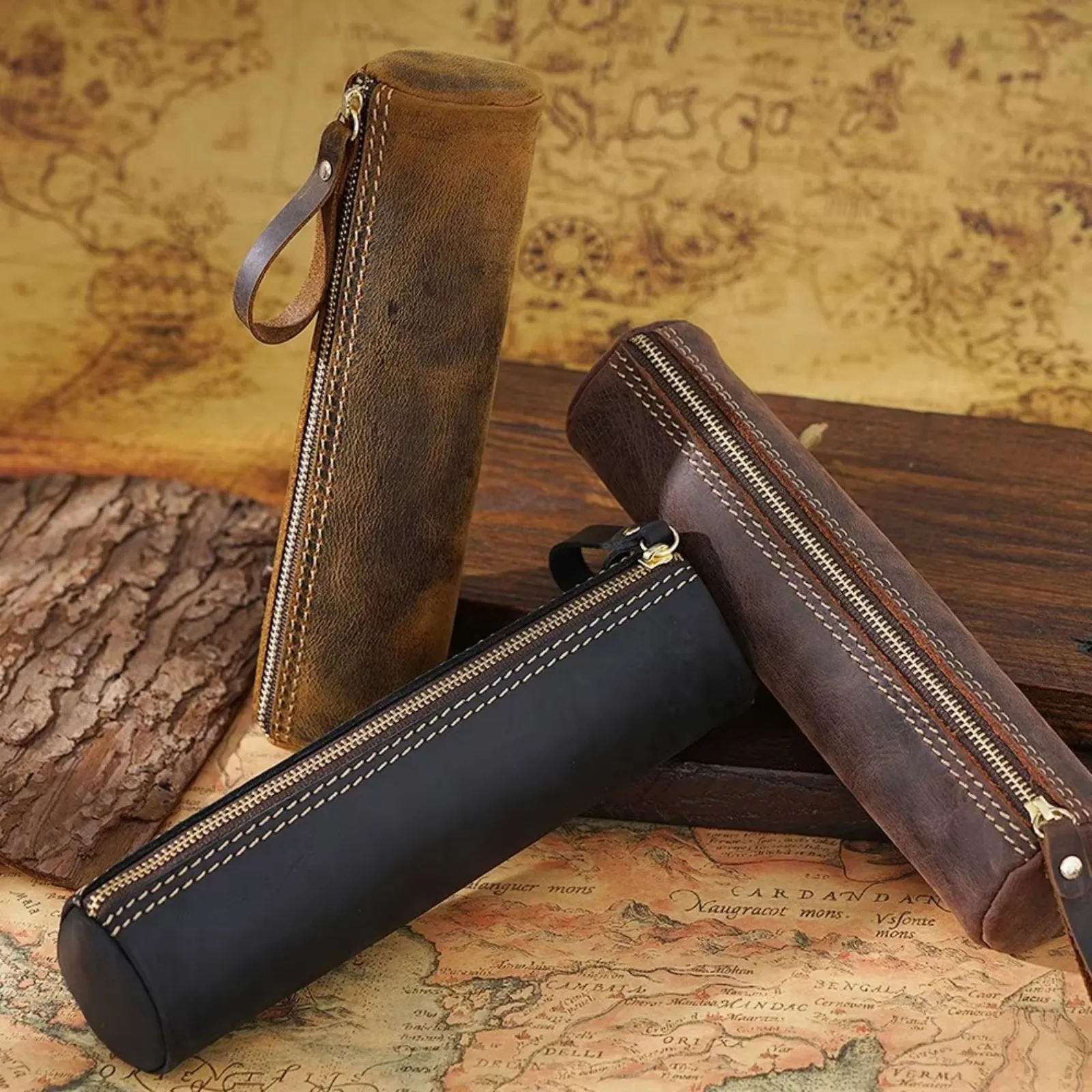 Genuine Leather Zipper Pen Case - Stylish Pencil Pouch for Students, Office & Travel - Compact Stationery Organizer Bag 4