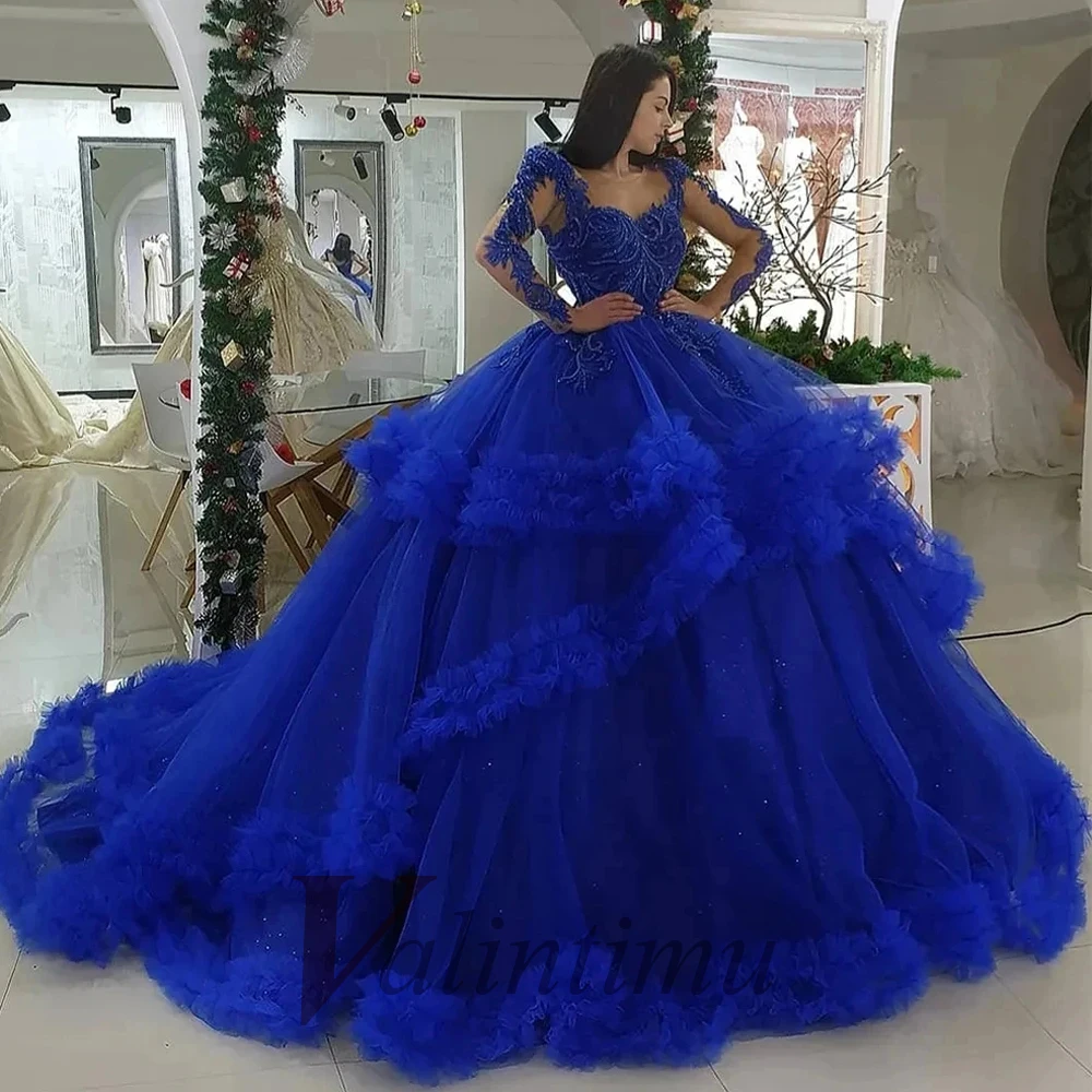 Quinceanera Dress Girl O Neckline Long Sleeves Ruffles Appliques Tulle Customized