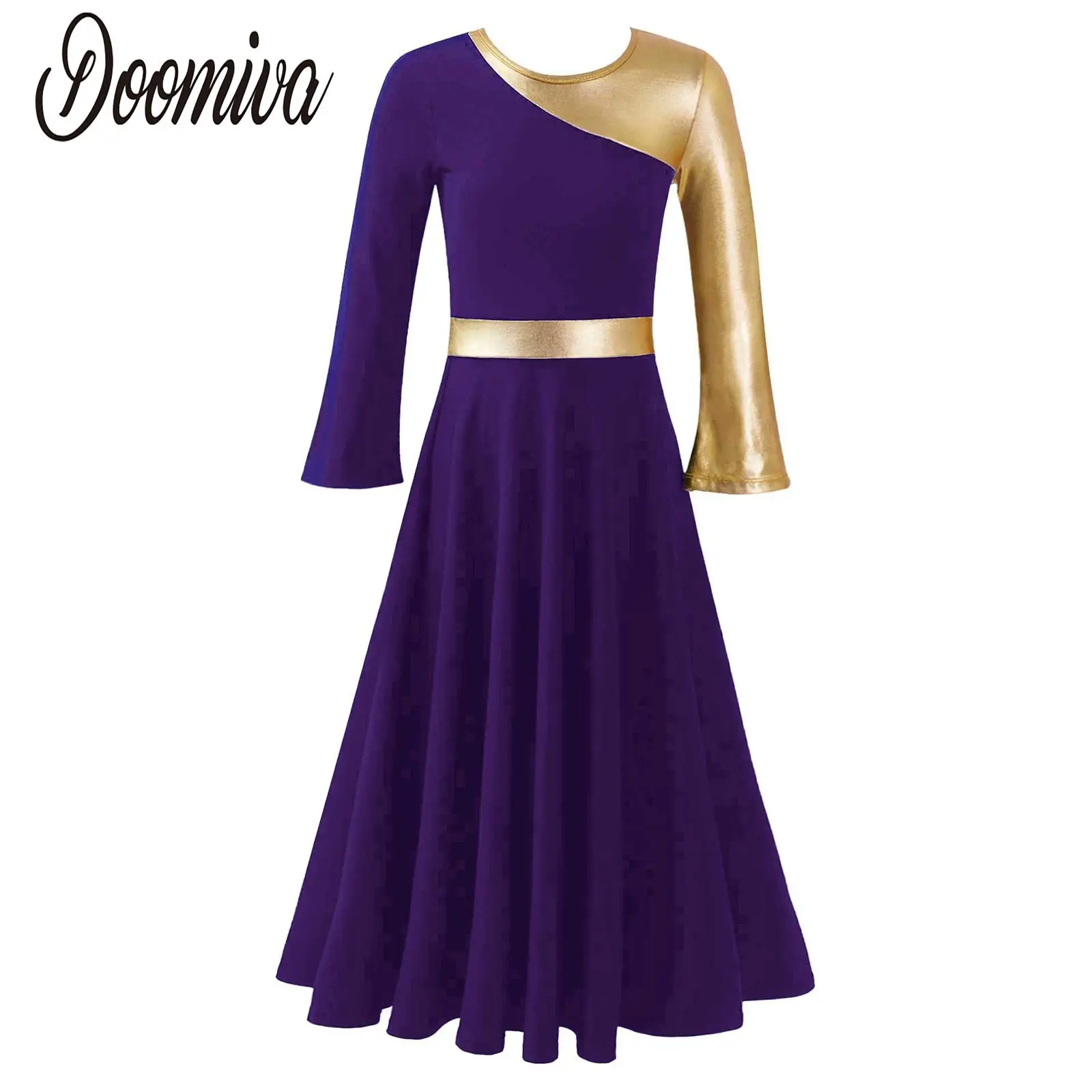 

Kids Girls Metallic Color Block Liturgical Praise Dance Dress Church Long Sleeve Dress Lyrical Dancewear Gown Worship Costumes