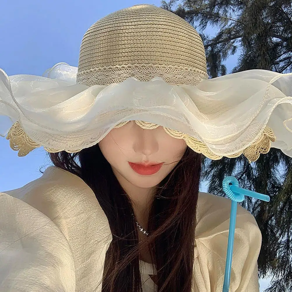 Baby Girl Sun Hat Strap Breathable Cotton-Linen Wide Brim Beach Hat Lace Bow Ruffle Trim Summer Outdoor