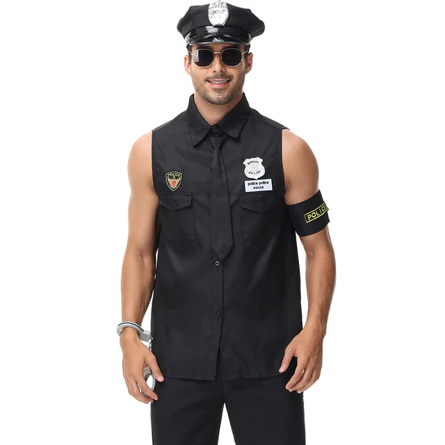 Disfraz de Cosplay de policía negra para hombre, camisa de policía