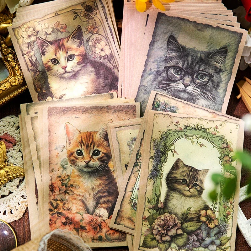 

32Sheets Material Paper Flower Cat World Retro collage base handbook DIY Decoration Writing Background Supplies 125*85MM