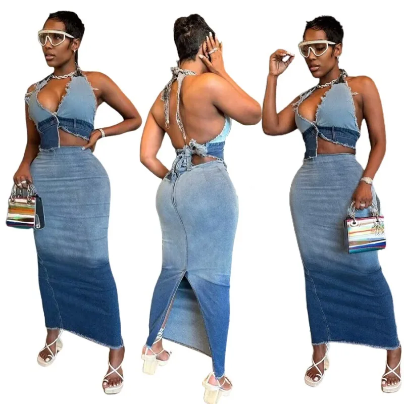 Gradient Blue Denim Women Sexy Two Piece Set 2023 Autumn Halter Lace Up Backless Camis Long Split Skirt Y2k Clothing Streetwear