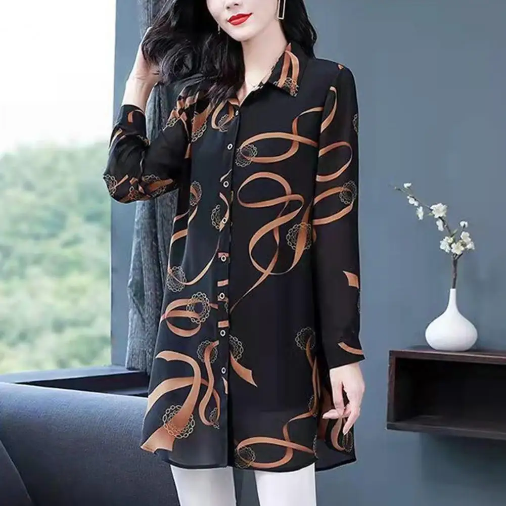 

Lapel Long Sleeve Casual Shirt Top Single-breasted Thin Cardigan Shirt Mid-aged Mother Printing Mid-length Shirt Daily Garment